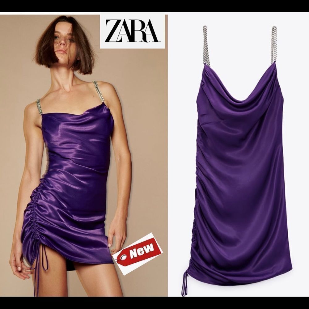 Zara purple draped ruched satin effect rhinestone bloggers fave dress Sz XL NWT